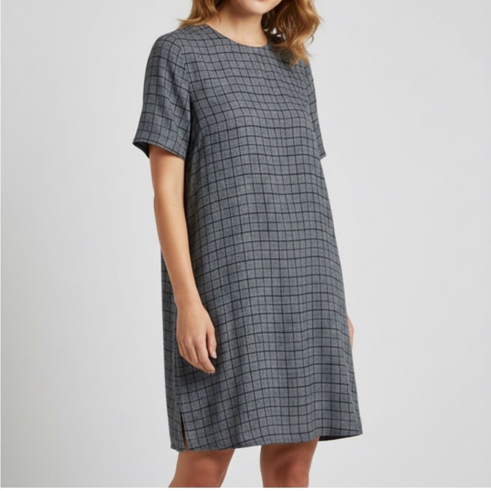 Eileen Fisher Gray Windowpane Grid Tencel Shift Dress Medium Short Sleeve Medium